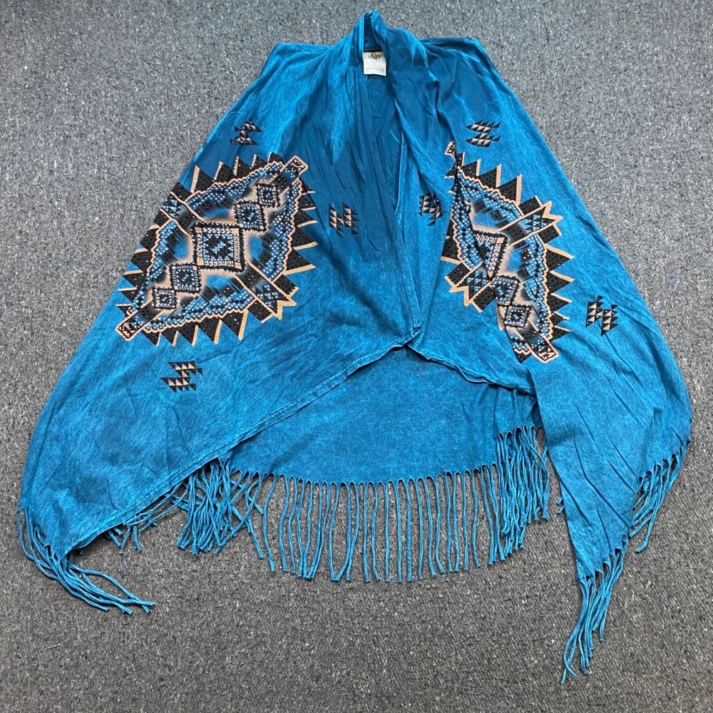 Vocal Vest Sz OS Womens Teal Blue Boho Southwestern Rhinestone Fringe Open Front